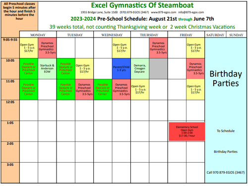  Preschool Schedule and Open Gym